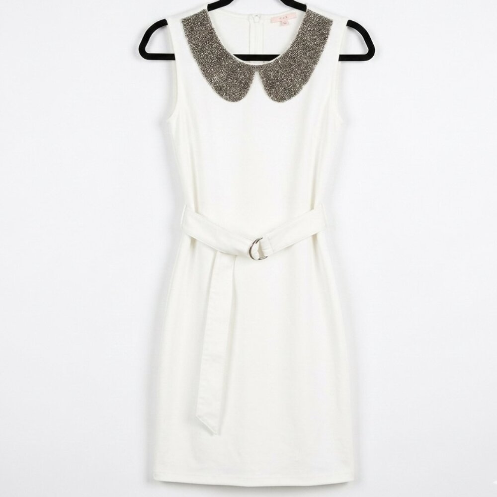 *White Beaded Peter Pan Collar Mini Dress Belted Sheath Sleeveless Small
